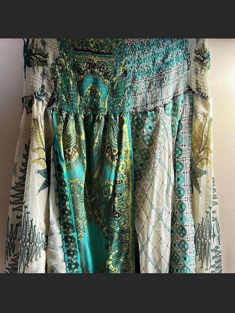 Boho Smocked Silk Fairy Skirt in Teal and Cream